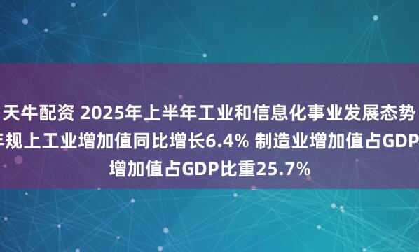 天牛配资 2025年上半年工业和信息化事业发展态势良好 上半年规上工业增加值同比增长6.4% 制造业增加值占GDP比重25.7%
